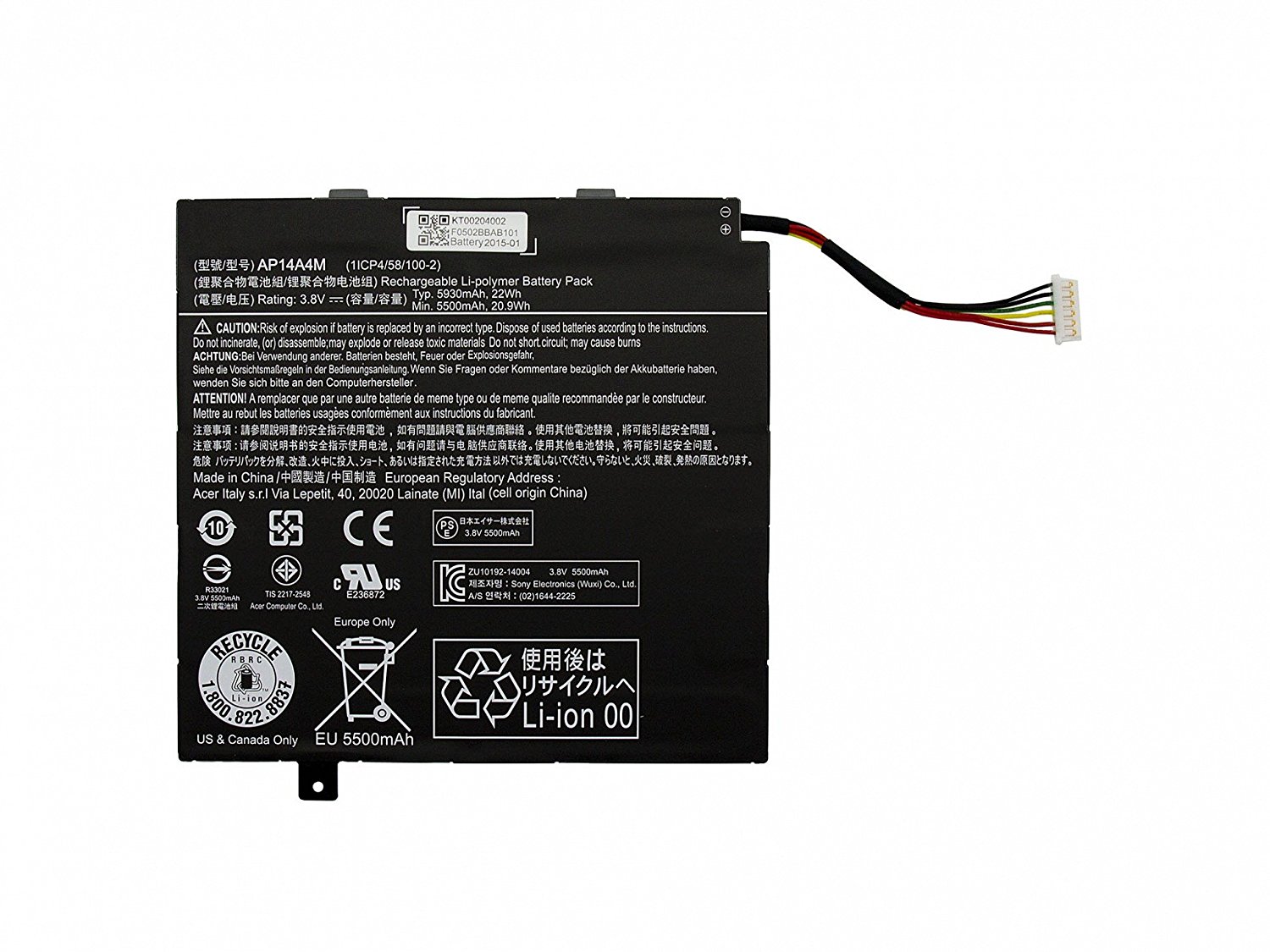   Acer Swith 10 SW5, Switch 10e SW3, Iconia Tab 10 A3-20, A3-30 (AP14A4M), 22Wh, 3.8V